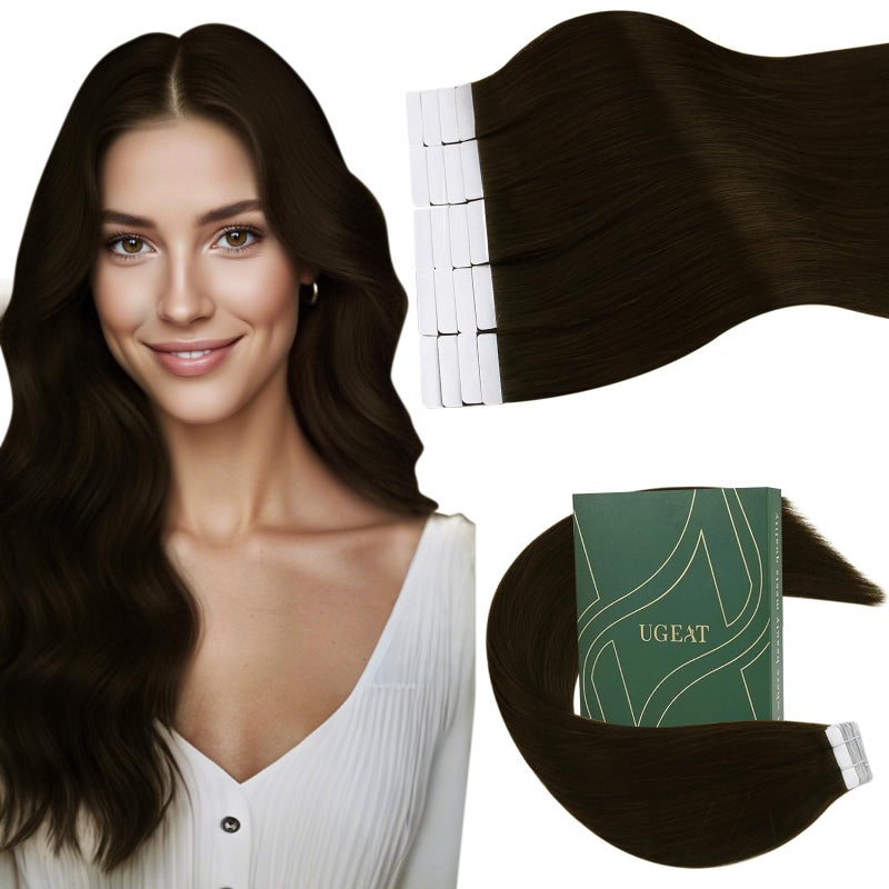 Ugeat Brown Tape in Hair Extensions Real Human Hair Tape in Hair Extension Dark Brown Natural Color Medium Length Seamless Soft for Weeding 18 Inch 20Pcs 50G - Image 1
